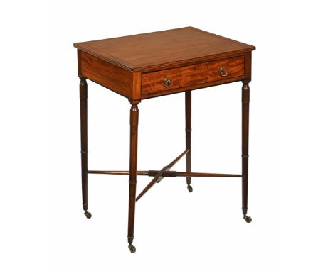 An antique mahogany side table, of square form with single drawer with brass drop handles opening to compartments for pens, s