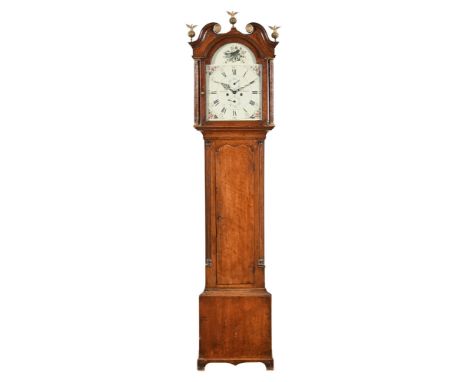 An early 19th century oak longcase clock, with painted dial and two train striking movement by Walkman of Dursley.  Height in
