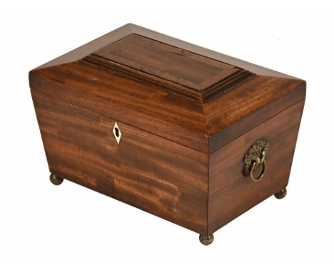 A Regency mahogany rosewood crossbanded tea caddy, with carrying handle to either side and raised on brass ball feet.  Height