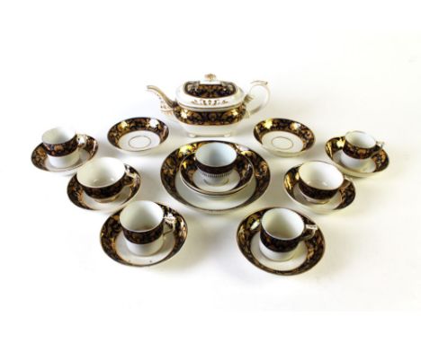 A part 19th century Derby tea and coffee service, comprising teapot, bowl, 7 various mugs and cups and 10 saucers.
