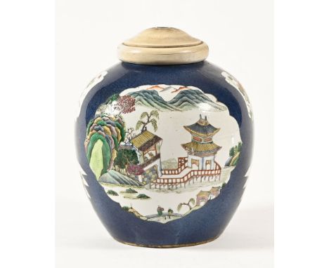 A late 19th century Chinese vase, converted to a lamp blue background with floral panels, panels showing Pagoda and one with 