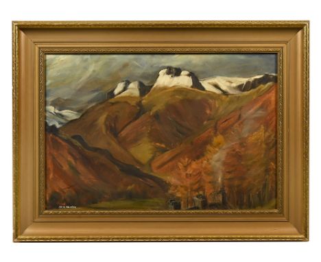 Jill M Aldersley (1943-2007), member of The Lake Artist Society, an oil on canvas "The Langdale Pikes".  36 x 54 cm, framed.