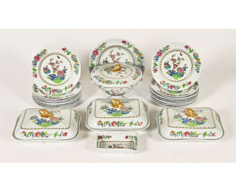 A 19th century Spode stone china chinoiserie patterned part dinner service, comprising four lidded tureens, nineteen 21 cm pl