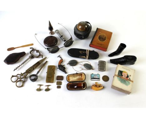A mixed selection of collectible items, Mauchline ware covered New Testament, gimballed compass, snuff boxes, corkscrews, whi