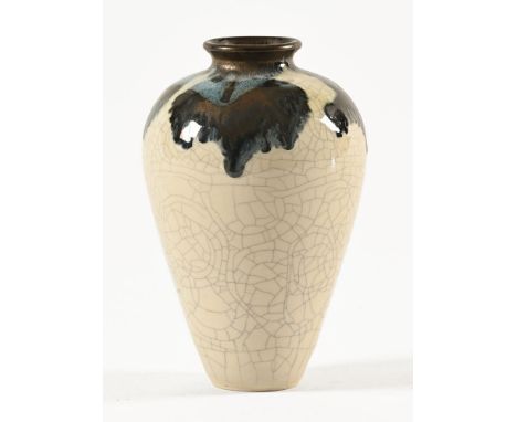 A studio pottery vase, with drip glaze decoration to top, marked underneath possibly N T & R.  Height 16.5 cm.