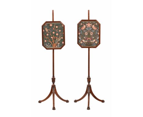 A pair of 19th century inlaid mahogany and tapestry pole screens, with downswept legs terminating in claw and ball feet.  Hei