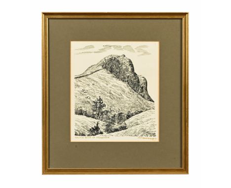 Alfred Wainwright (1907-1991), a pen and ink drawing "Castle Rock of Triermain" (St Johns in The Vale), +/- 20 x 17 cm, frame