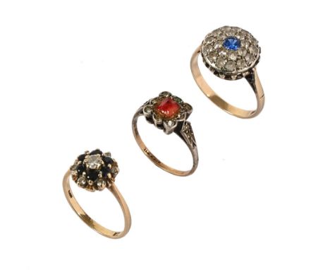 Three 9 ct gold dress rings.  Sizes P L & M, weight 8.1 grams.
