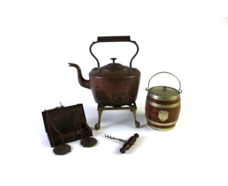 Oak and plated biscuit barrel, corkscrew, trivet, copper kettle and boxed set of scales.