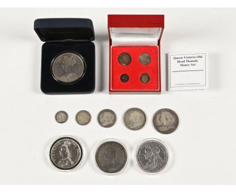 Collection of Victorian silver coins, old head Maundy money set, Gothic crown, three Victorian crowns 1897, 1888 and 1889, 19