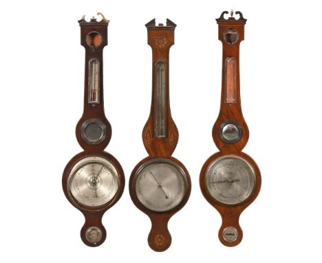 Three inlaid banjo barometers, French marked "Par Braga a Gand", C. Botta Poole and another.