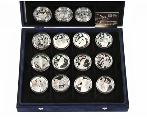 2012 UK Countdown to the London Olympics silver proof crown set, 27 coins each weighing 28.2 grams.