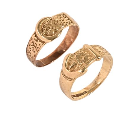 Two buckle rings, one stamped 9 ct gold, one hallmark cut out.  size P and M, weight 5 grams.