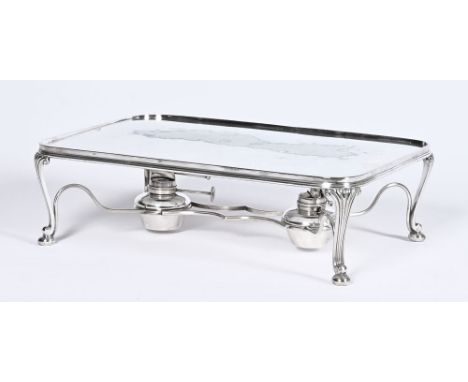 A silver plated food warmer, with two spirit burners upon four pad feet by William Hutton & Sons, last quarter of the 19th ce