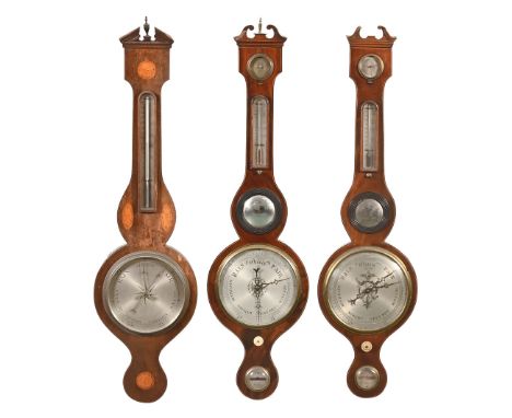 Three 19th century banjo barometers, each with thermometer, two with mirrors one unnamed, another G Croce of York and the thi