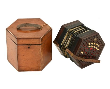 A Lachenal & Co patent concertina manufacturer London music box, with rosewood ends and outer mahogany case.  NOTE:  The bell