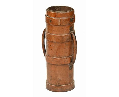 A large leather bound shell carrier, two handled with later interior liner for sticks.  Height 73 cm, top external diameter 2