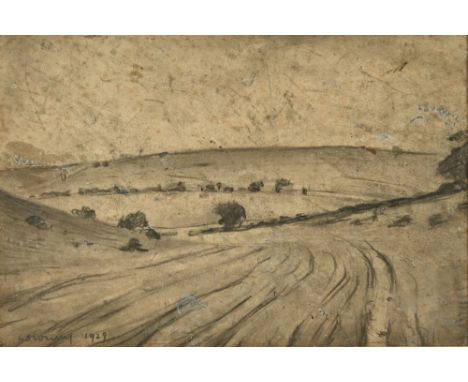 Laurence Stephen Lowry RA (1887-1976), an early pencil drawing of a landscape.  18.5 cm x 27 cm, framed, signed and dated 192