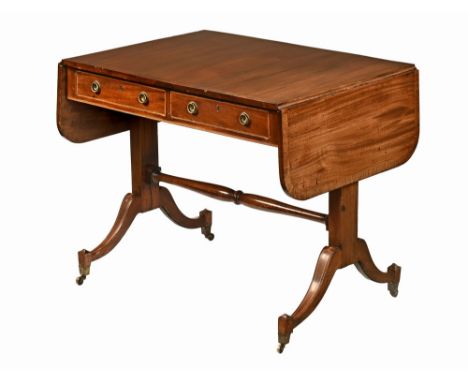 A 19th century mahogany and crossbanded sofa table, with end supports and centre stretcher raised on toupie feet with castors
