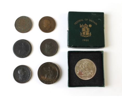 Selection of GB coins, George III 1797 cartwheel penny, festival of Britain Crown 1951, Victorian 1851 1/13th of a shilling, 