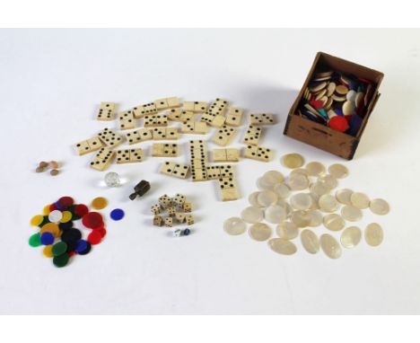 A collection of mother of pearl gaming counters, and mixed bone and other counters, selection of dice and bone dominoes.