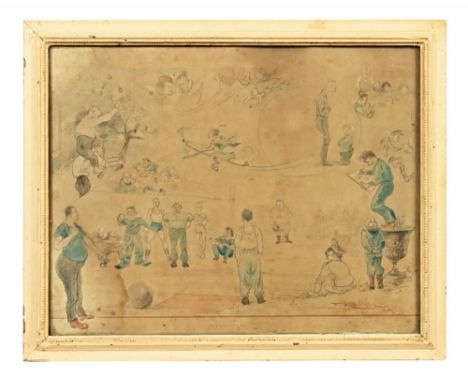 F Kalinin prisoner of war pencil and crayon cartoon, depicting life in The London Cage, marked to rear "Purchased by John Sha