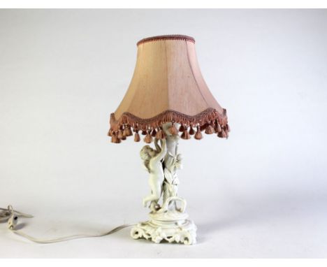 A Blanc de Chine table lamp base, winged cherub and tree form.  Height excluding light fitting 30 cm.   CONDITION REPORT:  Ot
