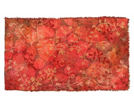 Jeannie Buckingham (Cornish), a textile door hanging or curtain, in various shades of red with floral design.  Height 242 cm,