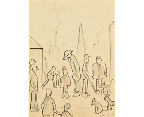 Laurence Stephen Lowry RA (1887-1976), a pencil drawing of a street scene, with church spire typical back to back figures cat