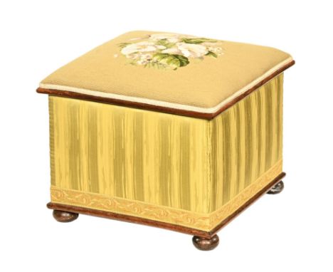 A Victorian mahogany framed Ottoman box, with woolwork lily tapestry to top.  Height +/- 45 cm, width 51 cm, depth 51 cm.