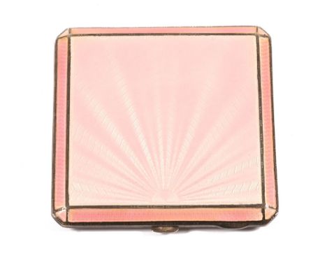 A silver and guilloche enamelled mirror compact, hallmarked Birmingham 1950, square form 7 cm x 7 cm.