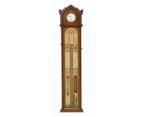 An Admiral Fitzroys walnut cased barometer, with timepiece to pediment.  Height 116 cm, width 25.5 cm.   CONDITION REPORT:  T