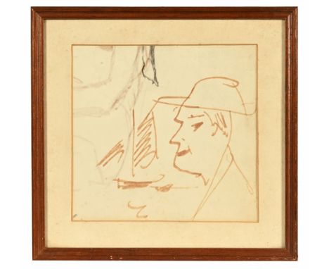 Laurence Stephen Lowry RA (1887-1976), a pen and pencil drawing of a man wearing a hat and with pond yacht.  18.5 cm x 20 cm,