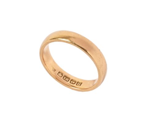 An 18 ct gold band, Size K, weight 4 grams.