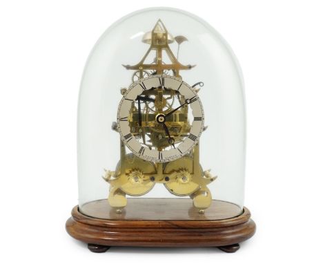 W. Bishop of London. A Victorian brass skeleton clock with twin fusee movement striking upon a bell, signed silvered Roman ch