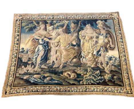 An 18th century Brussels or Antwerp tapestry depicting the Judgement of Paris, with the figures standing before a stream, att