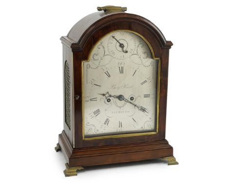 Benjamin Reed of Plymouth. A George III pearwood bracket clock in plain arched case with foliate scroll engraved silvered dia