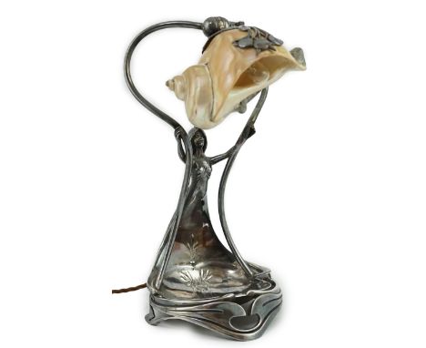 An Art Nouveau electroplate shell mounted adjustable table or wall lamp, by Moritz Hacker, c.1900, the asymmetric whiplash ba