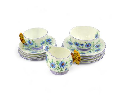 An Art Deco Aynsley cornflower pattern bone china twenty piece part tea set with butterfly handles, comprising six cups, five