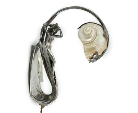 An Art Nouveau electroplate shell mounted figural wall light, by Moritz Hacker, c.1900, the turbo shell shade with sinuous te