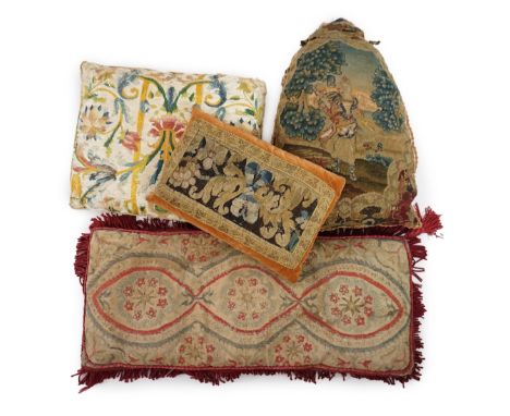 Four various fragments from the 18th and 19th century made into cushions including 19th linen red and blue embroidered squab 
