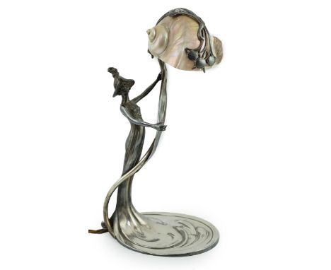 An Art Nouveau electroplate shell mounted figural table lamp, by Moritz Hacker, c.1900, the turbo shell shade with sinuous bu