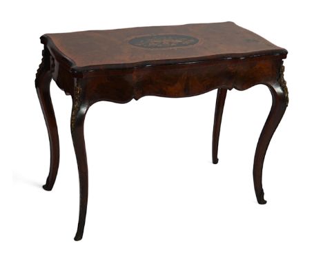 A Victorian marquetry inlaid burr walnut card table with serpentine rectangular folding topped inlaid with a central panel of