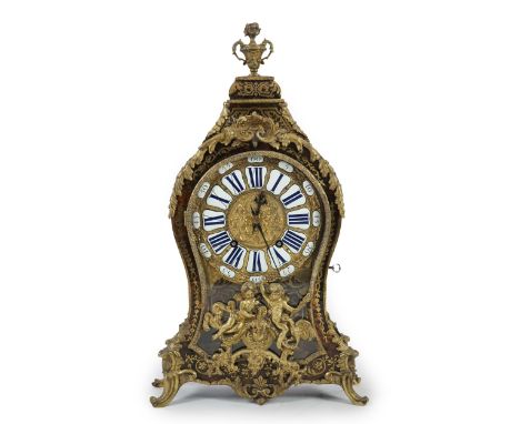 A Louis XV boulle work bracket clock with original wall bracket, ormolu mounted and of hour glass form with enamelled tablet 
