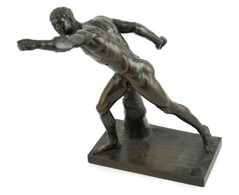 A late 19th century French patinated bronze model of the Borghese Gladiator, after the Antique, nude and stretching forwards 