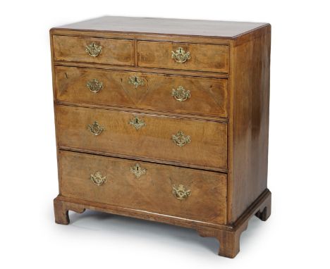 A George II walnut and feather banded caddy top chest of two short and three graduated long drawers, on bracket feet, 96cm wi
