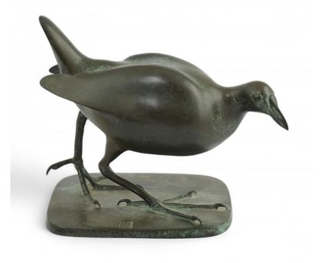 Adrian Sorrell (1932-2001). A bronze model of a moorhen standing upon a rounded rectangular integral base, signed and numbere