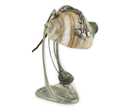 An Art Nouveau electroplate counter-weighted shell mounted table lamp, by Moritz Hacker, c.1900, the turbo shell shade with s