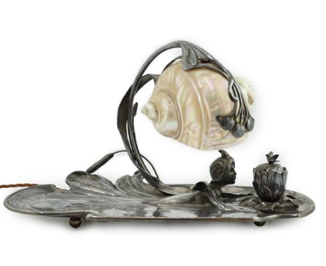 An Art Nouveau electroplate shell mounted illuminated desk stand, by Moritz Hacker, c.1900, the asymmetric whiplash tendril s