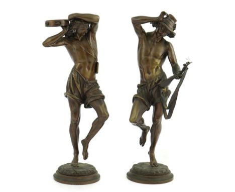 Albert Carrier Belleuse (French, 1824-1887). A pair of bronze figures, 'Danseurs Napolitains', each dancing, one with a tambo